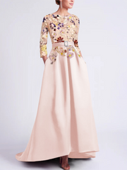 Asymmetrical A-Line Princess Scoop Mother of the Bride Dress with 3/4 Sleeves and Lace Appliques