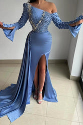 Asymmetrical Blue Long Sleeves Mermaid Formal Dress with Beads and Slit