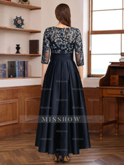 Asymmetrical Lace A-Line Dress with 3/4 Sleeves Appliques & Bow Belt for Mother of the Bride or Groom