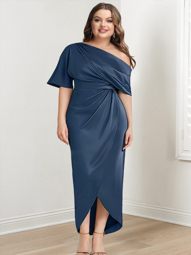 Asymmetrical One-Shoulder Ruffled Plus Size Mother of the Bride Sheath Dress