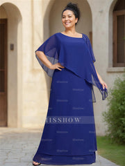 Asymmetrical Ruffle Chiffon Floor-Length Mother of the Bride Dress with Short Sleeves