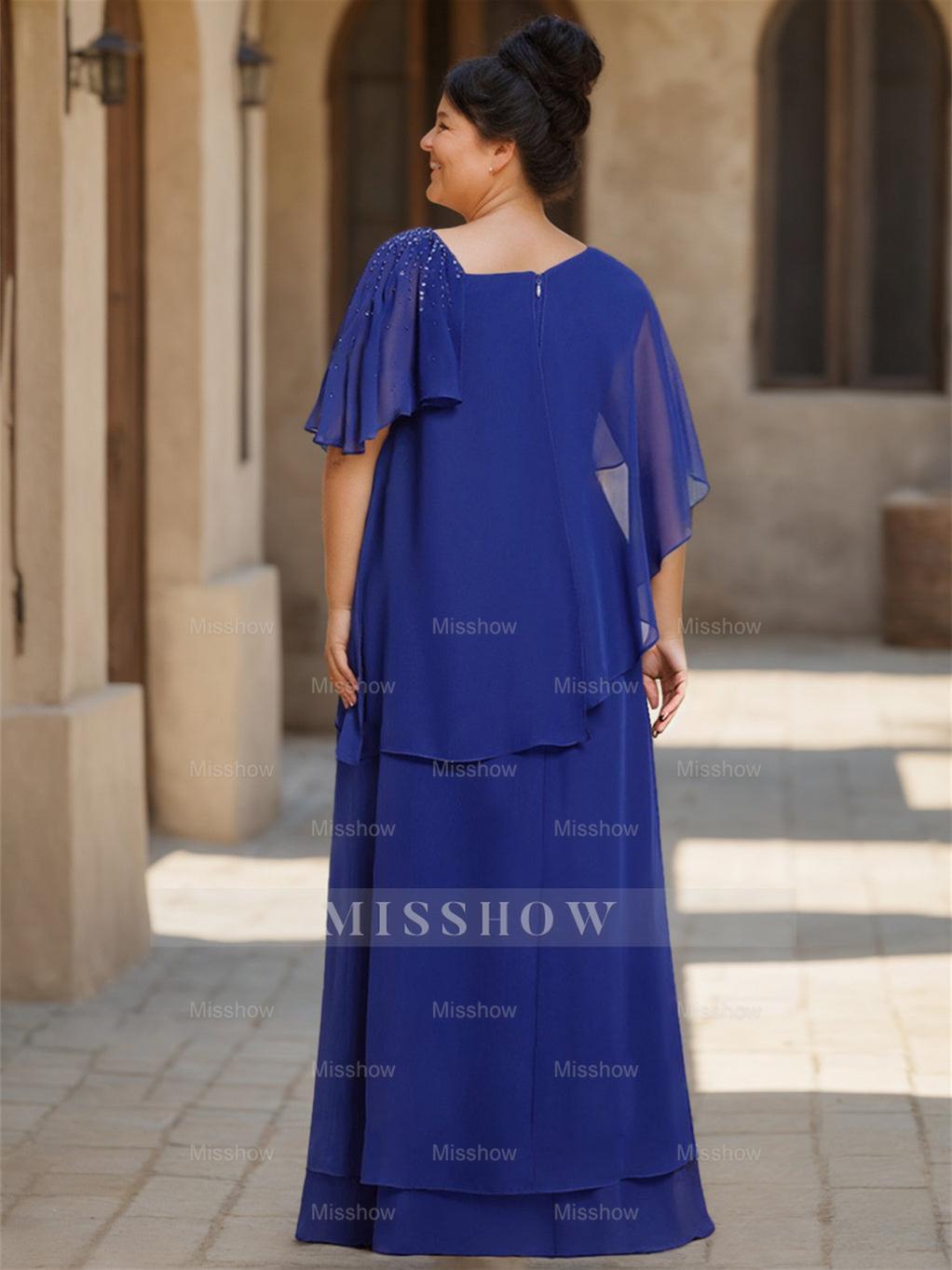 Asymmetrical Ruffle Chiffon Floor-Length Mother of the Bride Dress with Short Sleeves