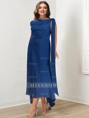 Asymmetrical Tea-Length Mother of the Bride Sheath Dress with Ruched Column Jewel Neck