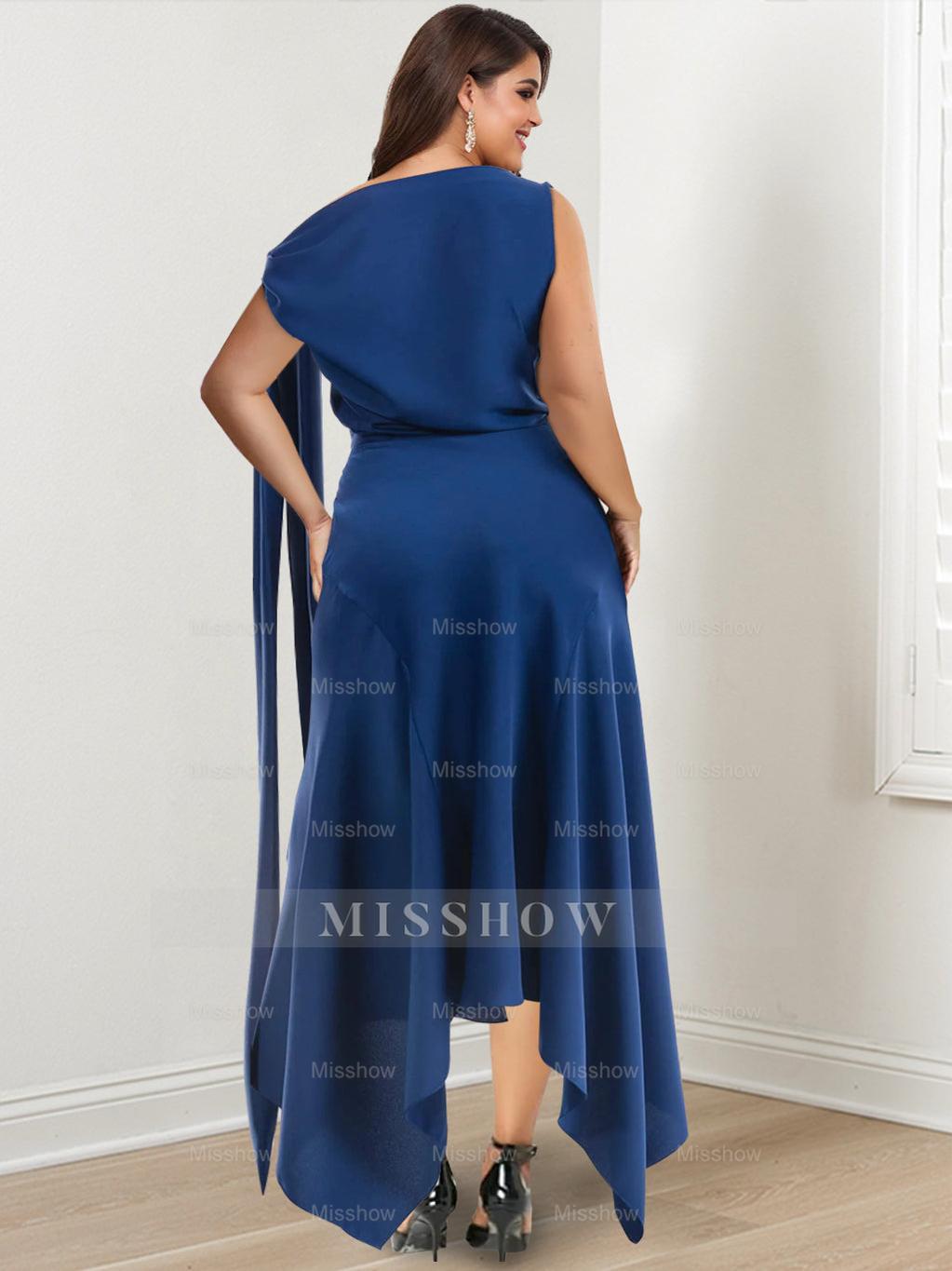 Asymmetrical Tea-Length Plus Size Mother of the Bride Sheath Dress with Ruched Details