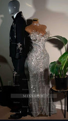 Silver strapless beaded mermaid prom dress
