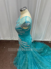 Attractive Blue Off-the-Shoulder Sweetheart Mermaid Evening Dresses with Rhinestones