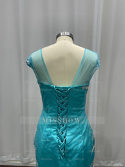 Attractive Blue Off-the-Shoulder Sweetheart Mermaid Evening Dresses with Rhinestones