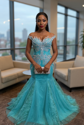 Attractive Blue Off-the-Shoulder Sweetheart Mermaid Evening Dresses with Rhinestones