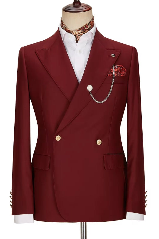 Attractive Burgundy Peak Lapel Double Breasted Prom Suit