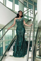 Dark green strapless beaded mermaid prom dress