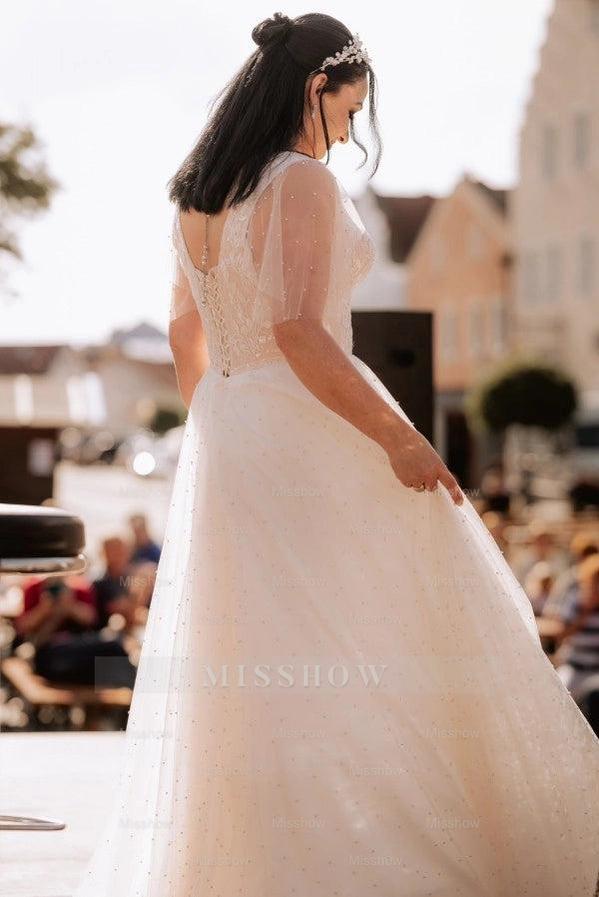 Attractive Ivory V-Neck Short Sleeves A-Line Wedding Dress with Appliques and Beads