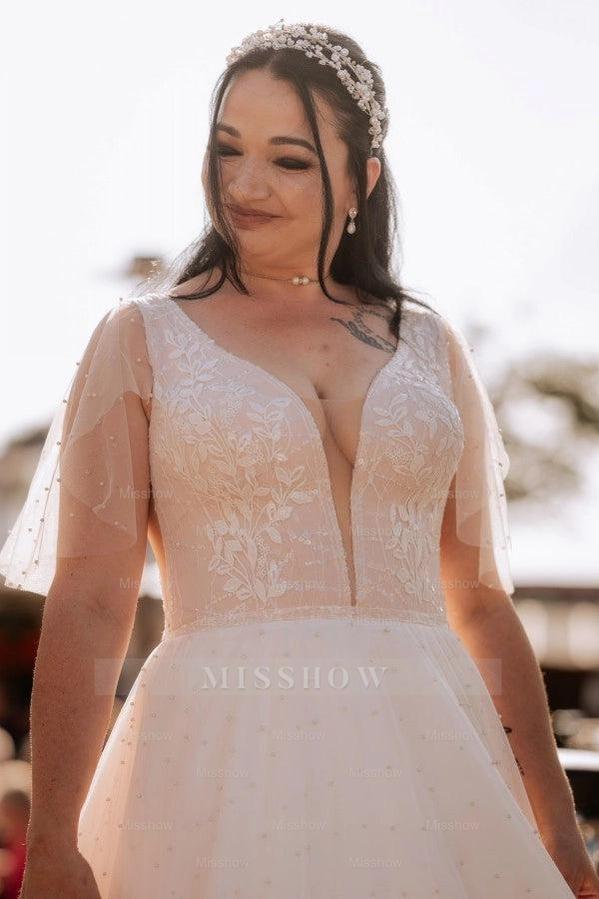 Attractive Ivory V-Neck Short Sleeves A-Line Wedding Dress with Appliques and Beads