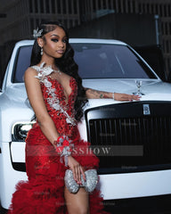 Attractive Long A-line Red Sleeveless Appliques Beaded Prom Dress with Slit