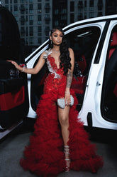 Red scoop split-front A-line prom dress