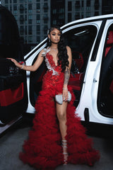 Attractive Long A-line Red Sleeveless Appliques Beaded Prom Dress with Slit