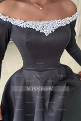 Attractive Long Black Off-the-shoulder A-line Satin Split Front Long Sleeves Prom Evening Dresses with Pearls