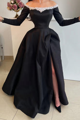 Attractive Long Black Off-the-shoulder A-line Satin Split Front Long Sleeves Prom Evening Dresses with Pearls