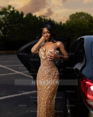 Attractive Long Champagne One Shoulder Long-Sleeve Mermaid Prom Dress with Rhinestones