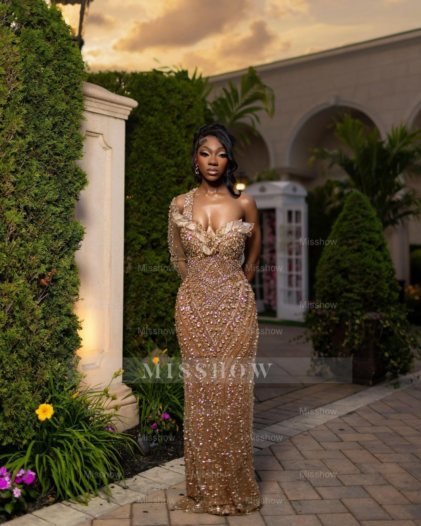 Attractive Long Champagne One Shoulder Long-Sleeve Mermaid Prom Dress with Rhinestones