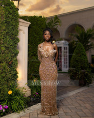 Attractive Long Champagne One Shoulder Long-Sleeve Mermaid Prom Dress with Rhinestones