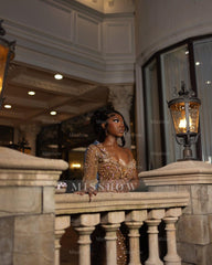 Attractive Long Champagne One Shoulder Long-Sleeve Mermaid Prom Dress with Rhinestones