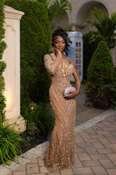 Attractive Long Champagne One Shoulder Long-Sleeve Mermaid Prom Dress with Rhinestones