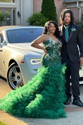 Attractive Long Dark Green Mermaid Beaded Lace Sleeveless Prom Dress with Ruffles and Slit