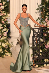 Attractive Long Dusty Sage Mermaid Spaghetti Straps Lace Beading Sleeveless Prom Evening Dresses