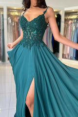 Attractive Long Green A-line Spaghetti Straps Lace Prom Evening Dresses with Slit