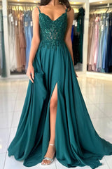 Attractive Long Green A-line Spaghetti Straps Lace Prom Evening Dresses with Slit
