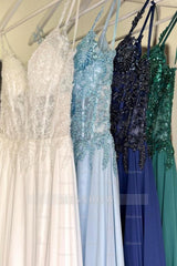 Attractive Long Green A-line Spaghetti Straps Lace Prom Evening Dresses with Slit