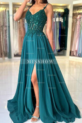 Attractive Long Green A-line Spaghetti Straps Lace Prom Evening Dresses with Slit