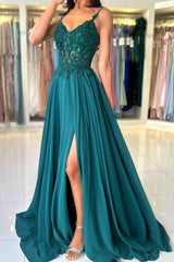 Attractive Long Green A-line Spaghetti Straps Lace Prom Evening Dresses with Slit
