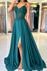 Attractive Long Green A-line Spaghetti Straps Lace Prom Evening Dresses with Slit
