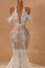 Attractive Long Ivory Halter Off-the-shoulder Mermaid Split Front Prom Evening Dresses with Lace