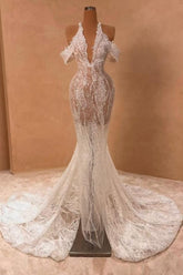 Attractive Long Ivory Halter Off-the-shoulder Mermaid Split Front Prom Evening Dresses with Lace