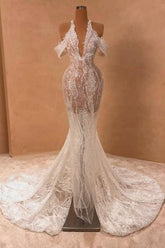 Attractive Long Ivory Halter Off-the-shoulder Mermaid Split Front Prom Evening Dresses with Lace