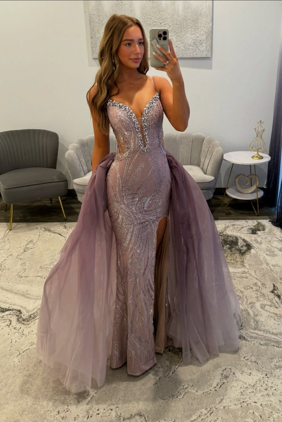 Attractive Long Mermaid Dusty Purple Speghetti Straps Lace Prom Dress with Detachable Train