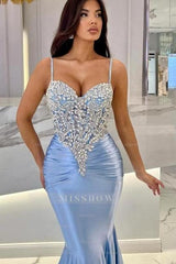 Attractive Long Mermaid Spaghetti Straps Lace Prom Evening Dresses with Train
