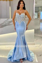 Attractive Long Mermaid Spaghetti Straps Lace Prom Evening Dresses with Train