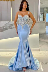 Attractive Long Mermaid Spaghetti Straps Lace Prom Evening Dresses with Train