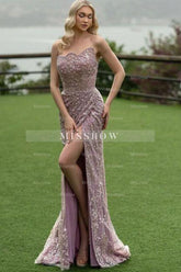 Attractive Long Mermaid Strapless Lace Glitter Sleeveless Prom Evening Dresses with Slit