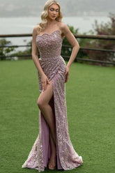 Attractive Long Mermaid Strapless Lace Glitter Sleeveless Prom Evening Dresses with Slit
