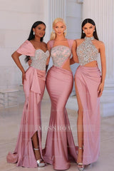 Attractive Long Pink Mermaid Off-the-shoulder Lace Beading Prom Evening Dresses with Slit