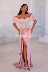 Attractive Long Pink Mermaid Off-the-shoulder Lace Beading Prom Evening Dresses with Slit