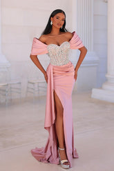 Attractive Long Pink Mermaid Off-the-shoulder Lace Beading Prom Evening Dresses with Slit