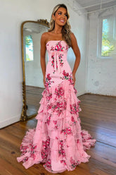 Attractive Long Pink Strapless Mermaid Floral Prom Dress