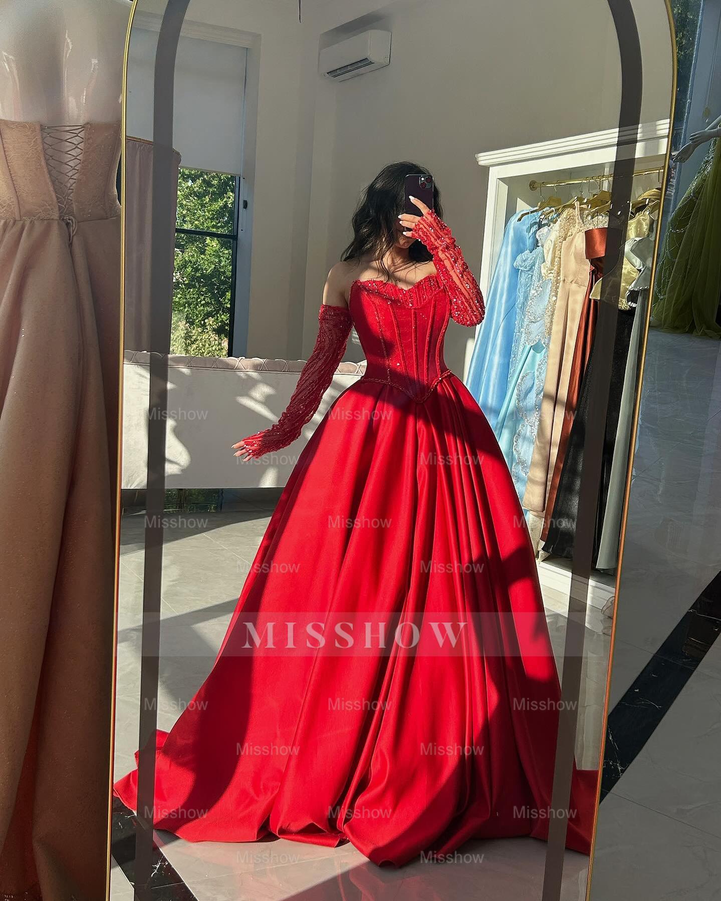Attractive Long Red A-Line Sweetheart Long-Sleeve Formal Dress with Beadings
