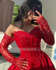 Attractive Long Red A-Line Sweetheart Long-Sleeve Formal Dress with Beadings