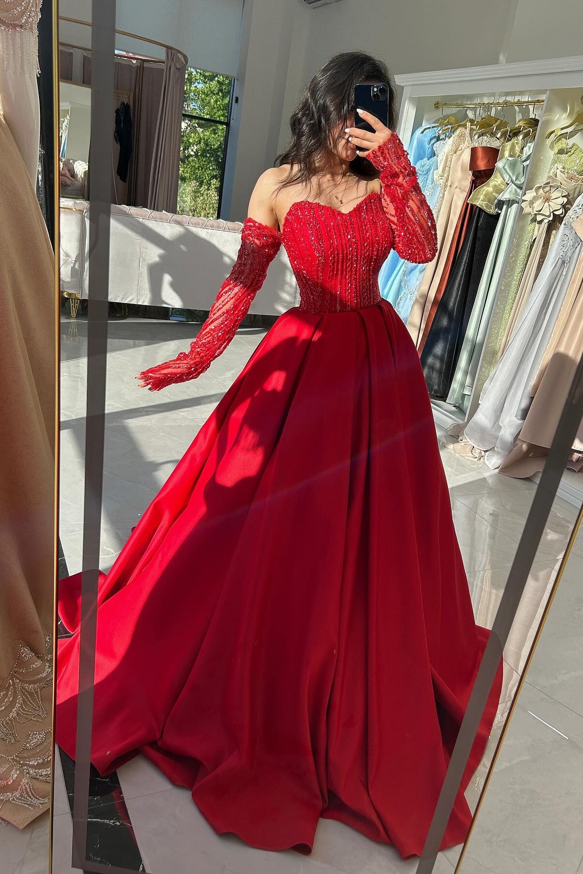 Attractive Long Red A-Line Sweetheart Long-Sleeve Formal Dress with Beadings